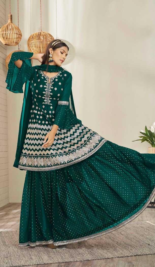 Hand Stone Work Georgette Green Color Party Wear Lehenga Style Suit -4729157033