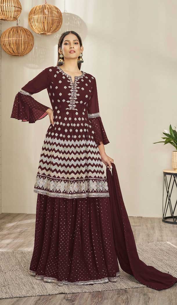 Hand Stone Work Georgette Maroon Color Party Wear Lehenga Style Suit -4729157034