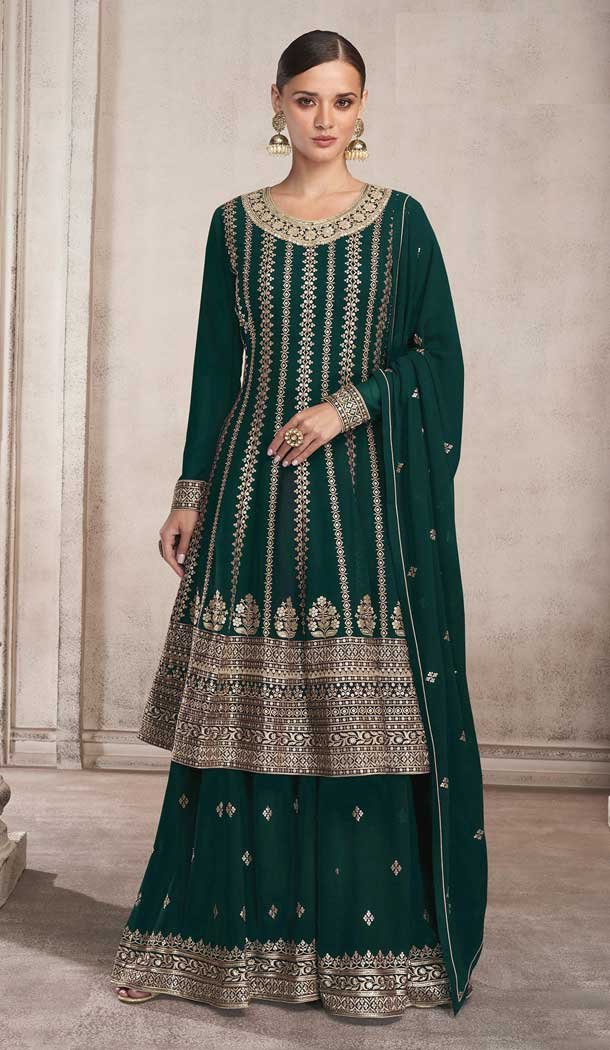 Fox Georgette Heavy Embroidery Work Palazzo Style Suits in Green Color -4756157291