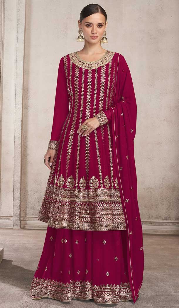 Fox Georgette Heavy Embroidery Work Palazzo Style Suits in Pink Color -4756157292