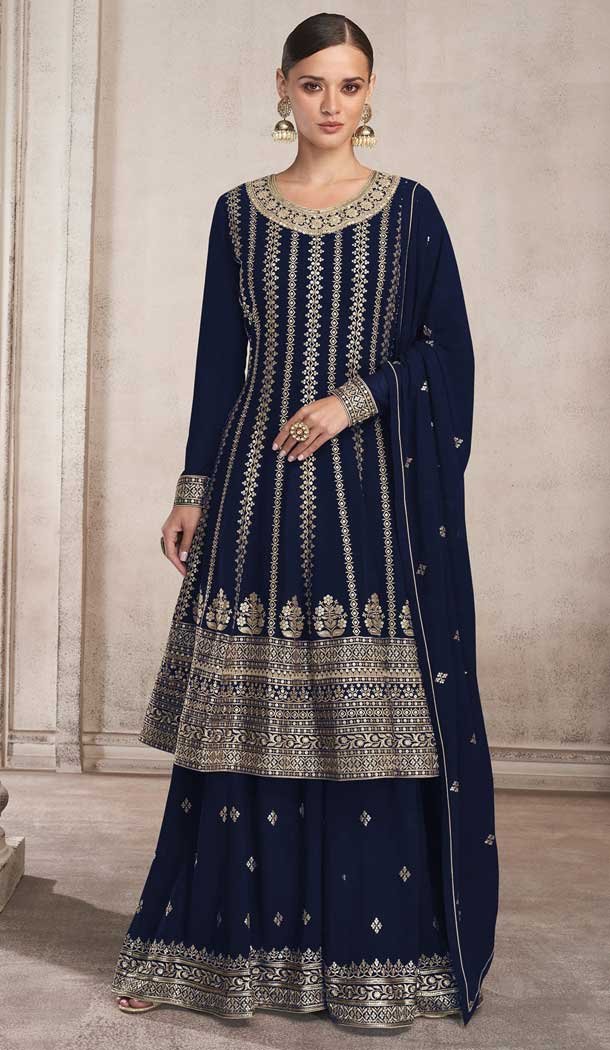 Fox Georgette Heavy Embroidery Work Palazzo Style Suits in Navy Blue Color -4756157293