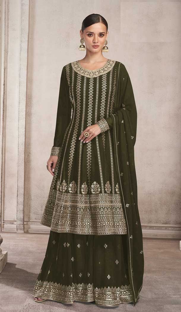 Fox Georgette Heavy Embroidery Work Palazzo Style Suits in Mehndi Green Color -4756157294