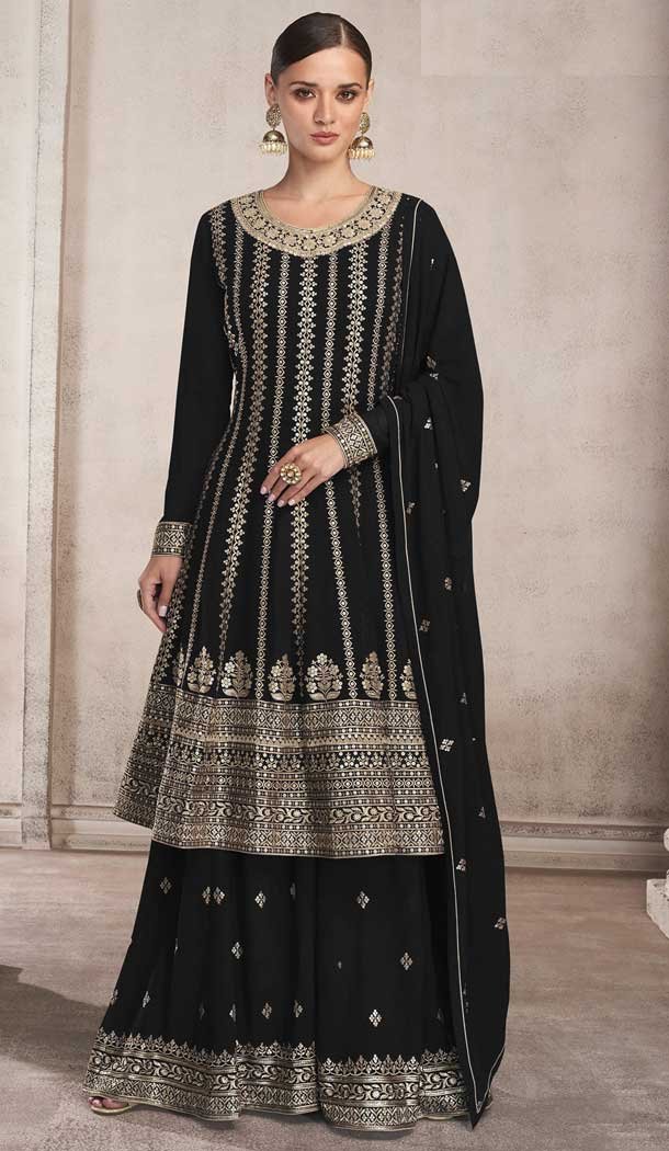 Fox Georgette Heavy Embroidery Work Palazzo Style Suits in Black Color -4756157295