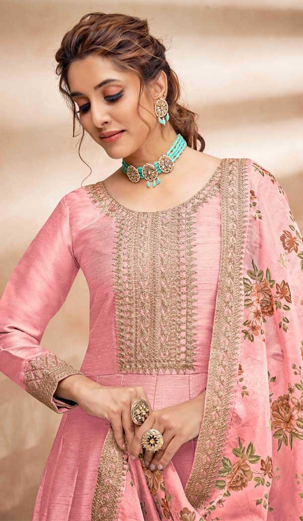 Art Silk Embroidery Work Pakistani Style Anarkali Salwar Suits in Pink Color -4757157296