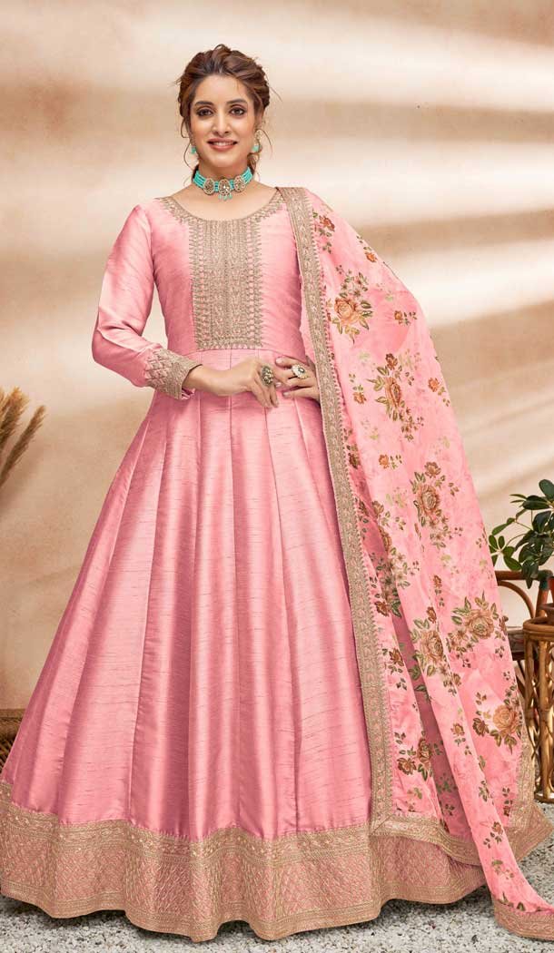 Art Silk Embroidery Work Pakistani Style Anarkali Salwar Suits in Pink Color -4757157296