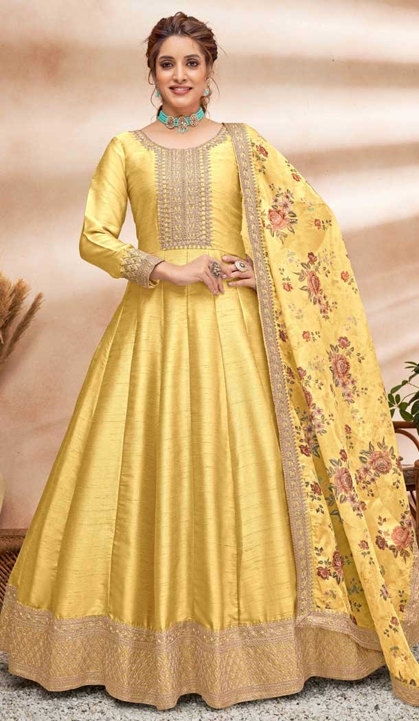 Art Silk Embroidery Work Pakistani Style Anarkali Salwar Suits in Yellow Color -4757157297