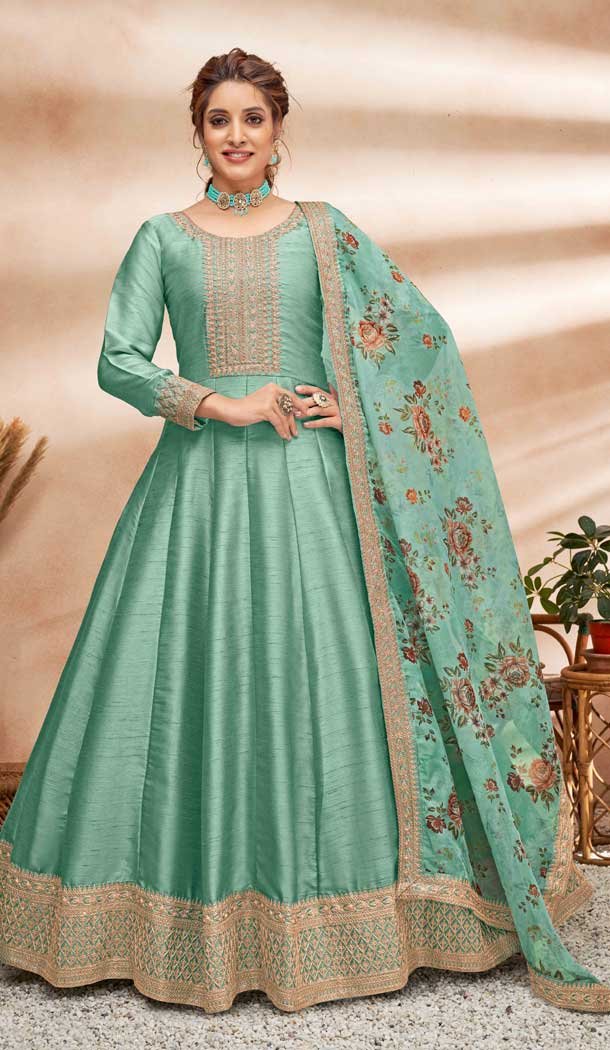 Art Silk Embroidery Work Pakistani Style Anarkali Salwar Suits in Mint Green Color -4757157298