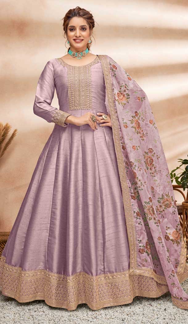 Art Silk Embroidery Work Pakistani Style Anarkali Salwar Suits in Light Purple Color -4757157299