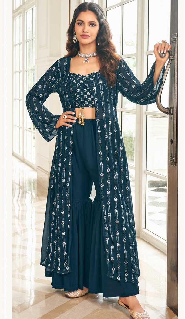 Navy Blue Color Pure Fox Georgette Embroidery Work Pakistani Style Palazzo Suit -4761157332