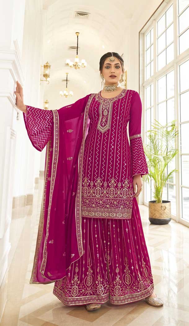 Diamond Work Fox Georgette Pink Color Pakistani Style Palazzo Suit -4769157375