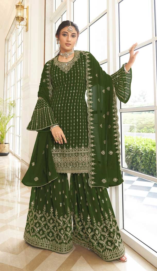 Diamond Work Fox Georgette Olive Green Color Pakistani Style Palazzo Suit -4769157376