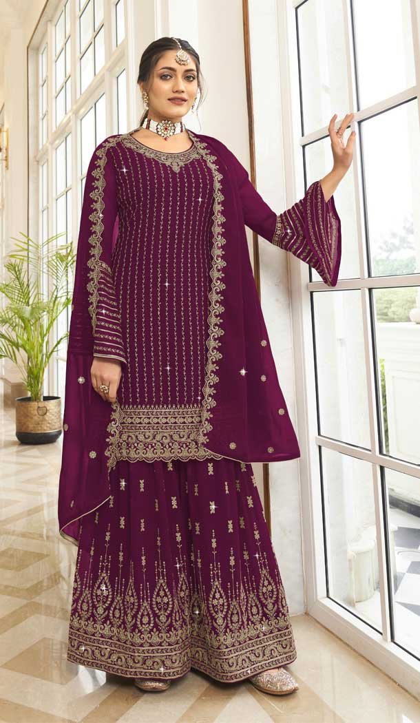 Diamond Work Fox Georgette Purple Color Pakistani Style Palazzo Suit -4769157377