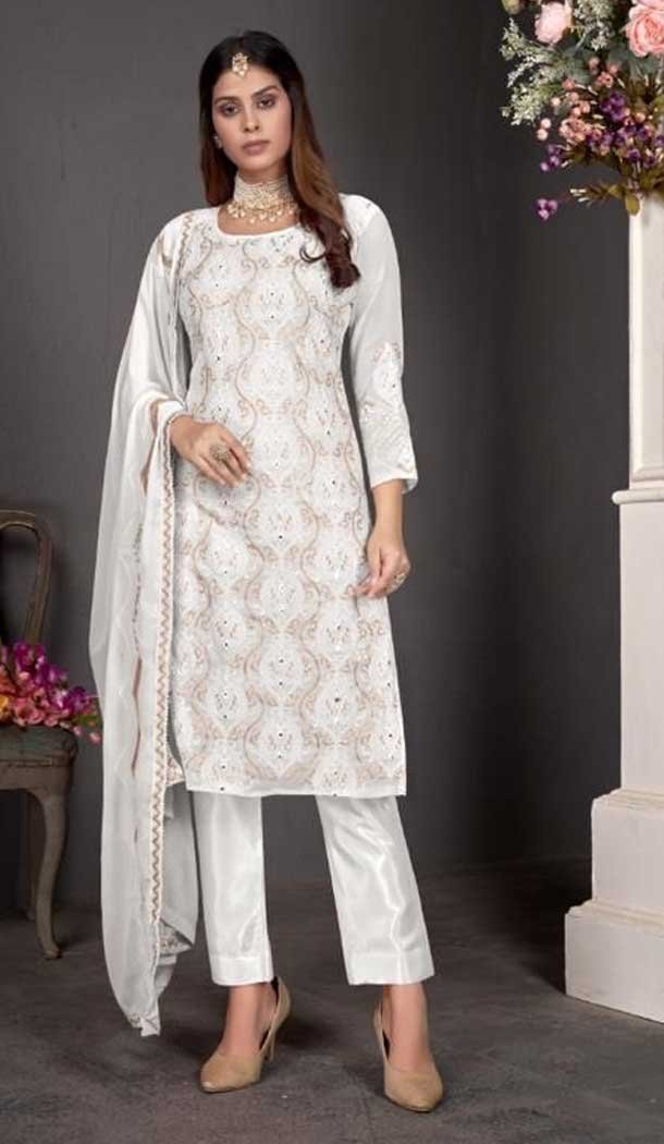 Off White Fox Georgette Embroidery Work Casual Office Party Wear Salwar Kameez -4774157401