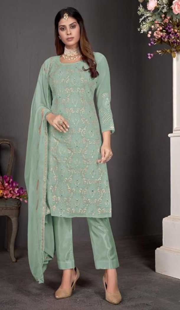 Flamboyant Mint Fox Georgette Embroidery Work Casual Office Party Wear Salwar Kameez -4774157402