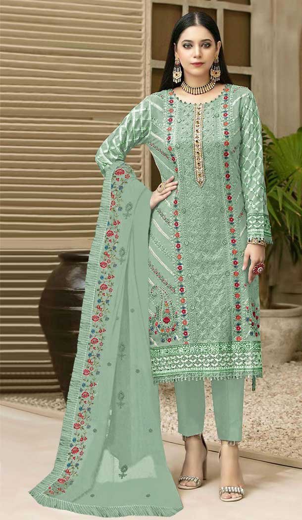 Fascinating Mint Green Color Embroidery Work Fox Georgette Pakistani Style Salwar Suit – 4905158482