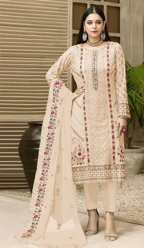 Classy Beige Color Embroidery Work Fox Georgette Pakistani Style Salwar Suit – 4905158483