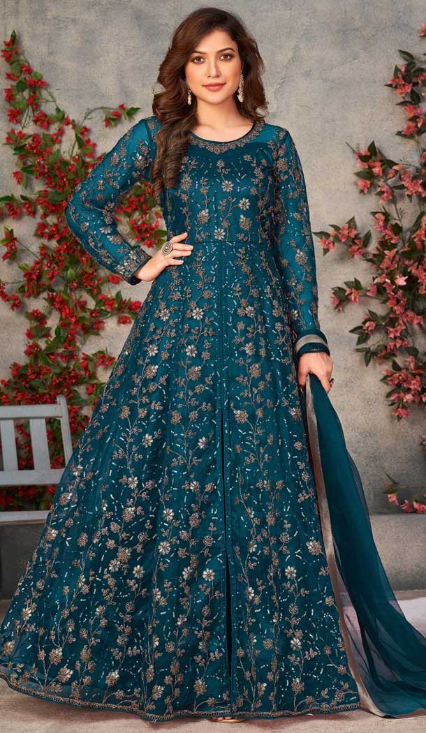 Classy Teal Blue Color Soft Net Embroidery Work Anarkali Style Salwar Kameez -4929158667