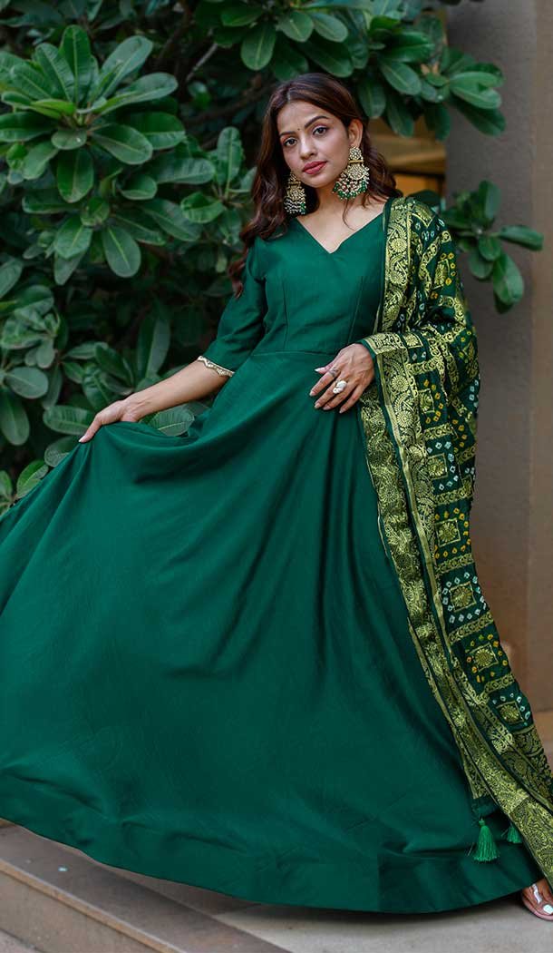 Party Wear Green Color Thread Work Chinon Party Gown Dresses -4944158757