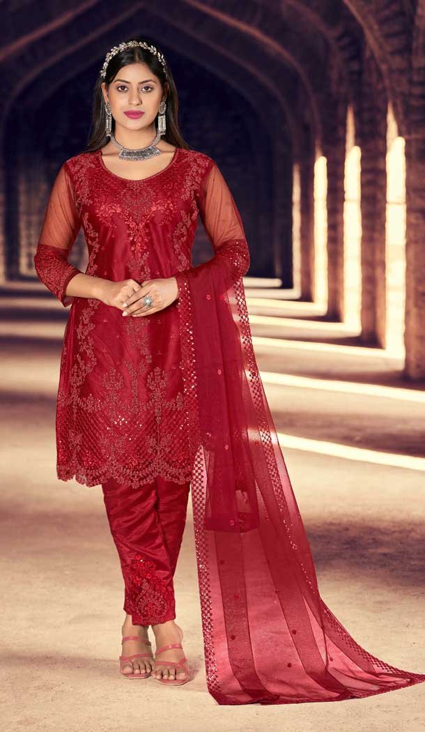 Red Color Heavy Net Embroidery And Sequins Work Casual Wear Salwar Kameez -4968158903