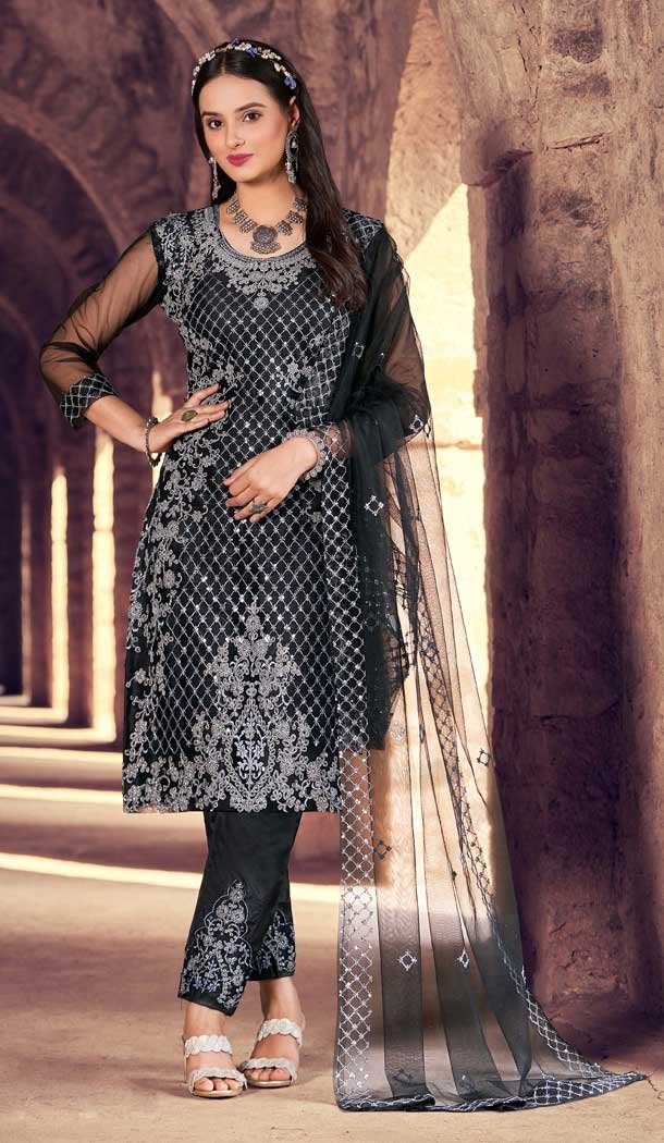 Black Color Heavy Net Embroidery And Sequins Work Casual Wear Salwar Kameez -4968158905