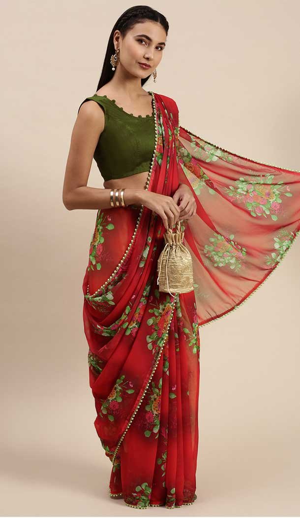 Red Color Fox Georgette Print Work Formal Party Wear Saree -4976158947