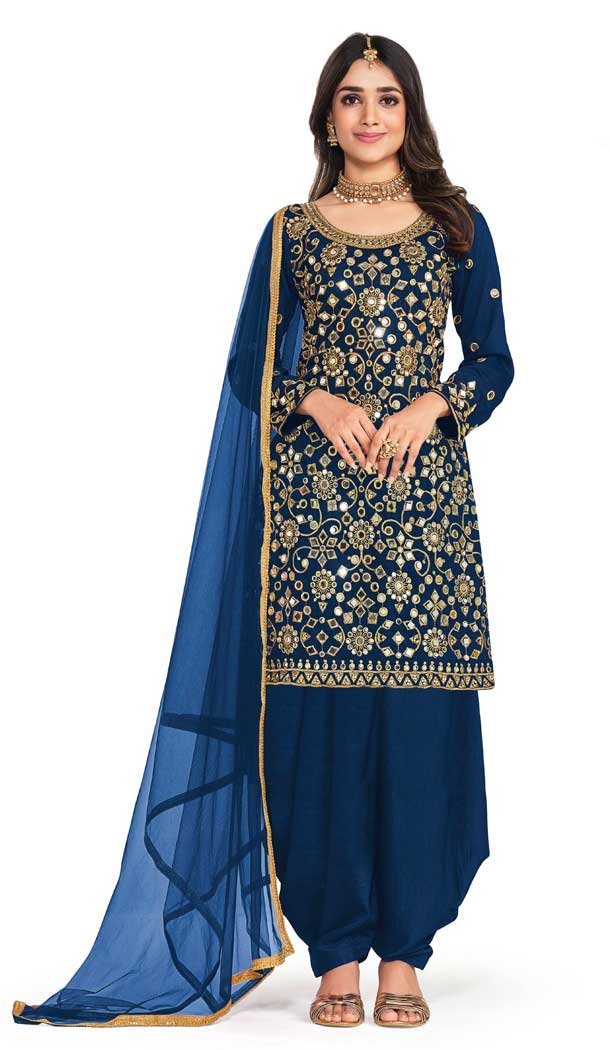 Navy Blue Color Italian Soft Silk Embroidery Work Function Wear Patiala Suit -5005159154