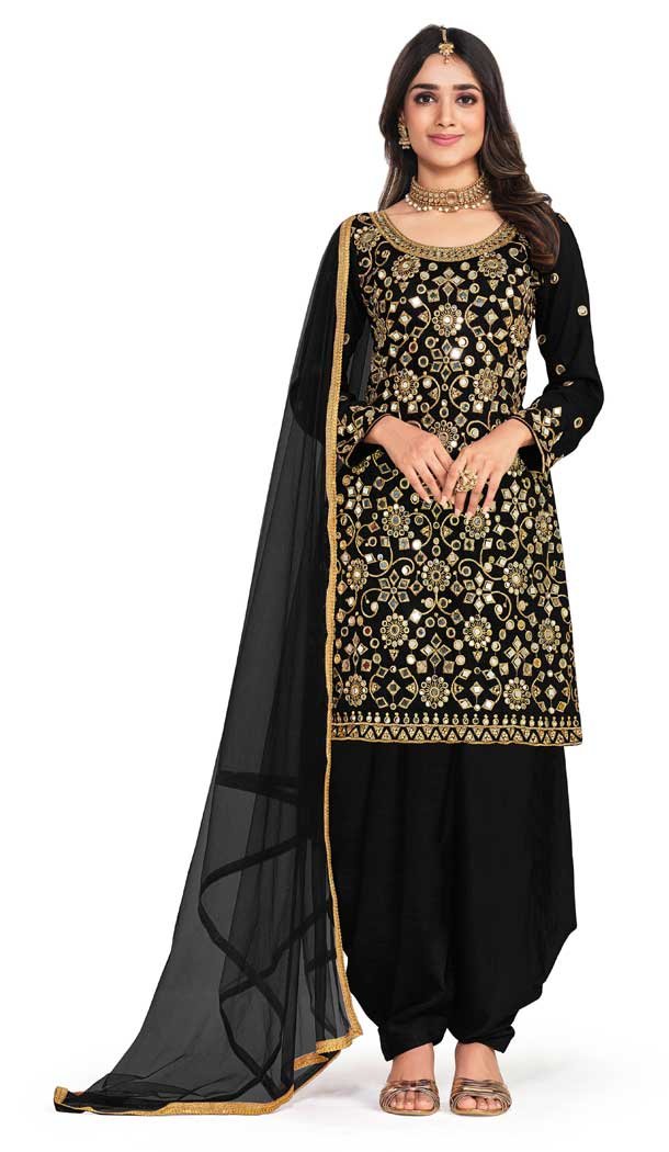 Black Color Italian Soft Silk Embroidery Work Function Wear Patiala Suit -5005159155