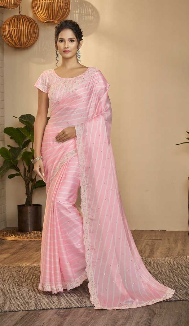 Baby Pink Color Taby Silk Thread And Print Work Party Wear Designer Saree -5006159157