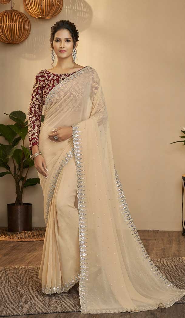 Beige Color Georgette Sequence And Zari Work Party Wear Designer Saree -5006159158