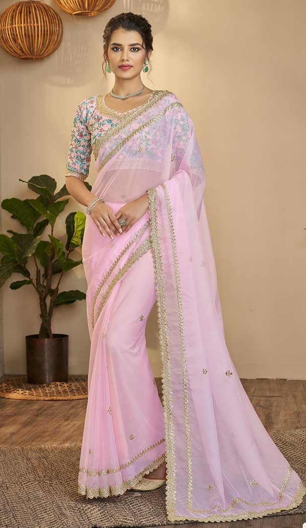 Baby Pink Color Organza Thread And Zari Work Party Wear Designer Saree -5006159159