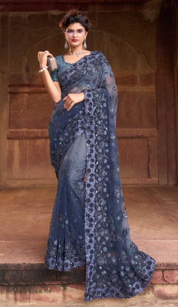 Grey Color Net Embroidery And Sequence Work Party Wear Designer Saree -5033159362