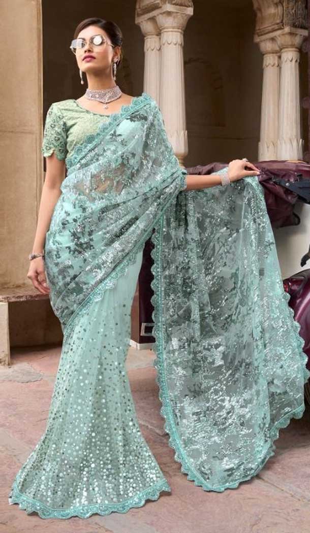 Sea Green Color Imported Embroidery And Sequence Work Party Wear Designer Saree -5033159363