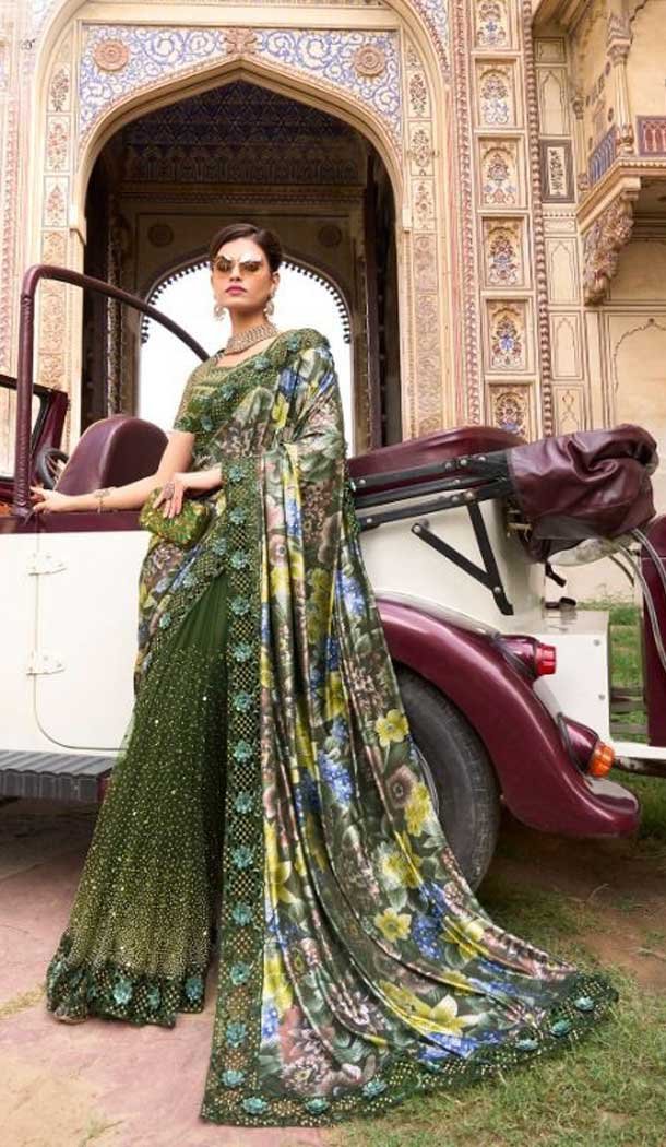 Mehandi Color Imported Embroidery And Sequence Work Party Wear Designer Saree -5033159366