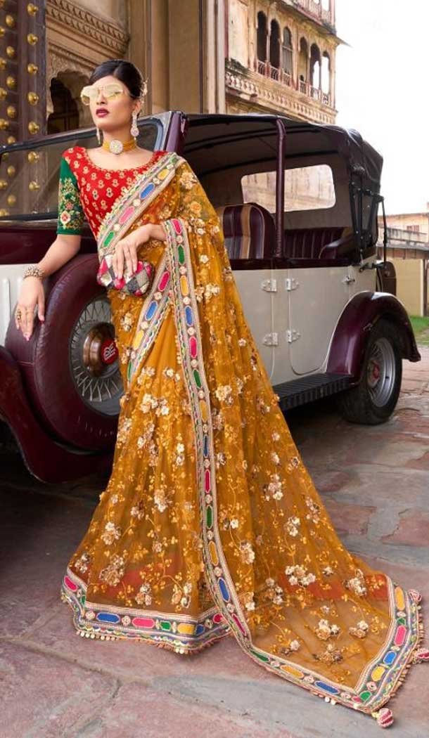 Mustard Color Net Embroidery And Sequence Work Party Wear Designer Saree -5033159368