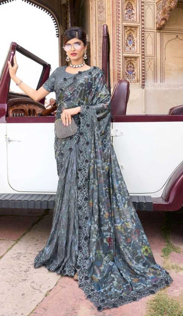 Grey Color Imported Embroidery And Sequence Work Party Wear Designer Saree -5033159369