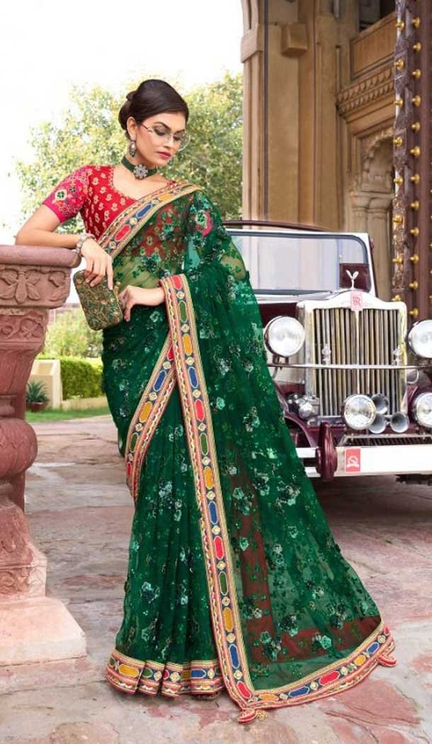 Green Color Net Embroidery And Sequence Work Party Wear Designer Saree -5033159370