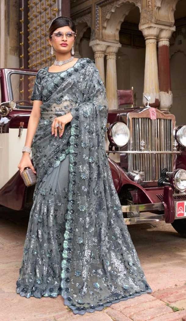 Embroidery And Sequence Work Grey Color Net Party Wear Designer Saree -5033159372