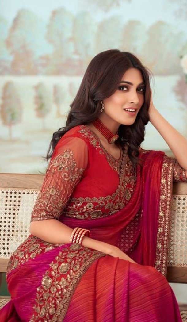 Red Color Shimmer Silk Embroidery Work Party Wear Designer Saree -5025159273