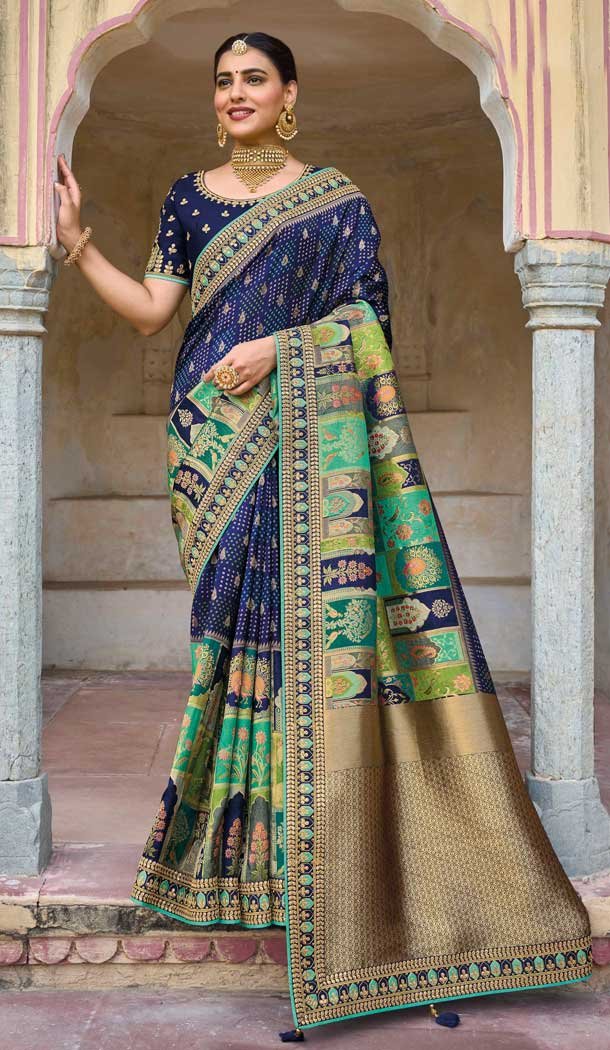 Navy Blue Color Dola Viscos Embroidery Work Bridal Wedding Wear Saree -5054159501