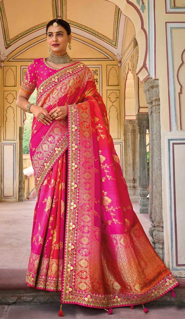 Pink Color Dola Viscos Embroidery Work Bridal Wedding Wear Saree -5054159502