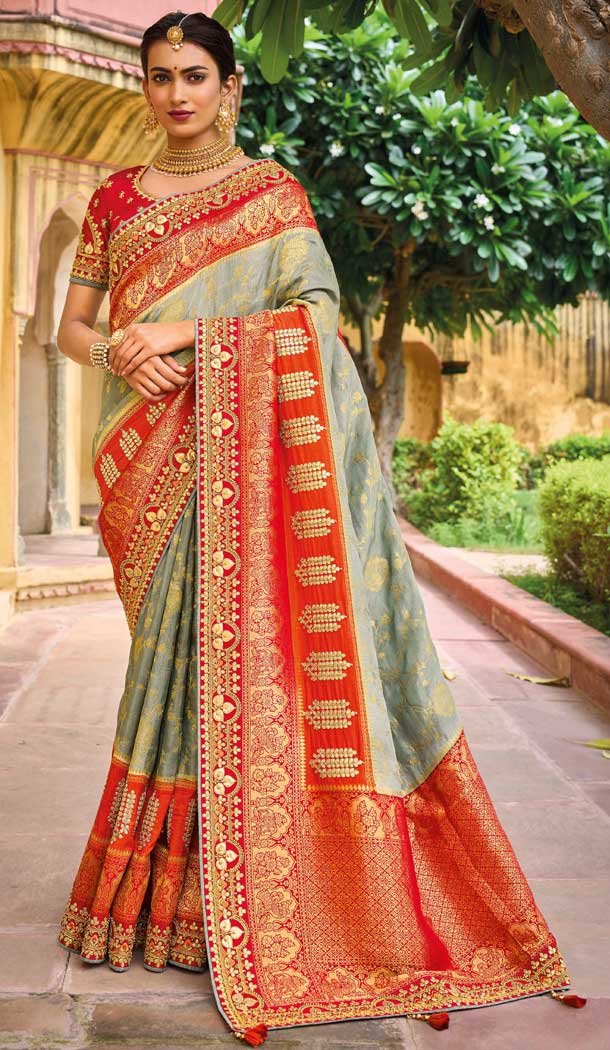 Grey Color Dola Viscos Embroidery Work Bridal Wedding Wear Saree -5054159503