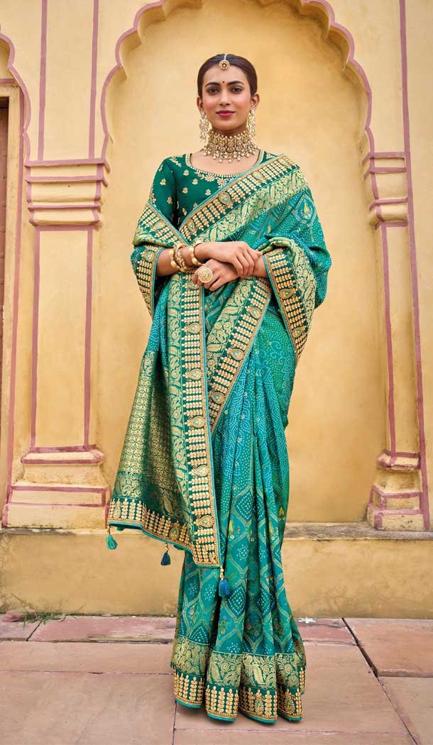 Teal Blue Color Dola Viscos Embroidery Work Bridal Wedding Wear Saree -5054159504