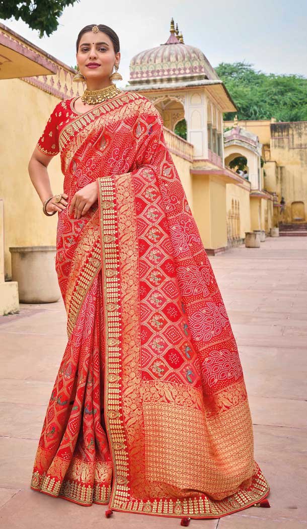 Red Color Dola Viscos Embroidery Work Bridal Wedding Wear Saree -5054159505