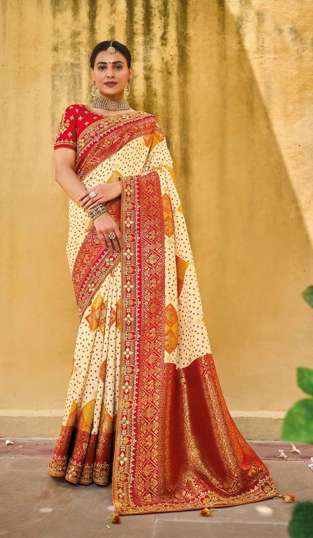 Beige And Red Color Dola Viscos Embroidery Work Bridal Wedding Wear Saree -5054159506