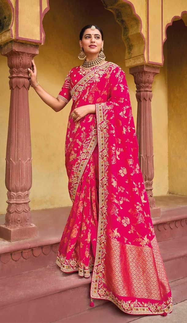 Dar Pink Color Dola Viscos Embroidery Work Bridal Wedding Wear Saree -5054159507