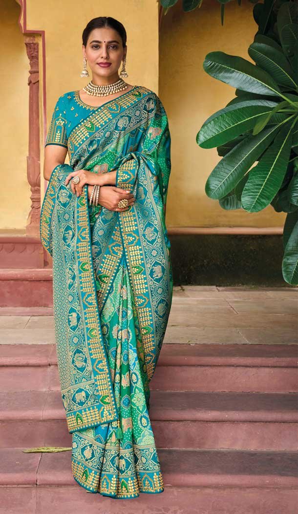 Dola Viscos Sea Green Color Embroidery Work Bridal Wedding Wear Saree -5054159508