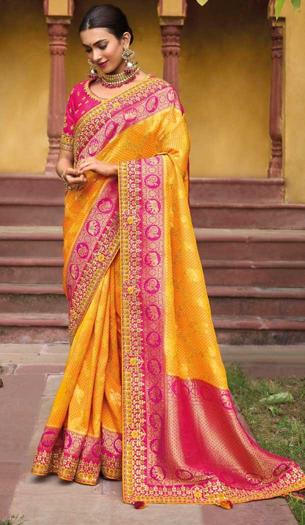 Yellow And Pink Color Dola Viscos Embroidery Work Bridal Wedding Wear Saree -5054159512