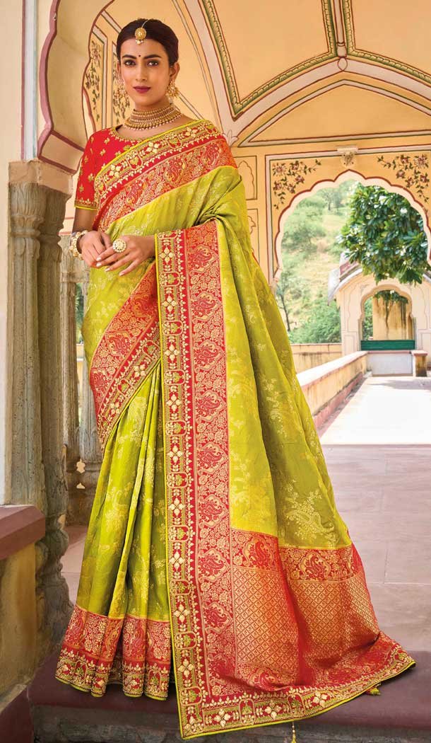 Lime Green And Red Color Dola Viscos Embroidery Work Bridal Wedding Wear Saree -5054159514