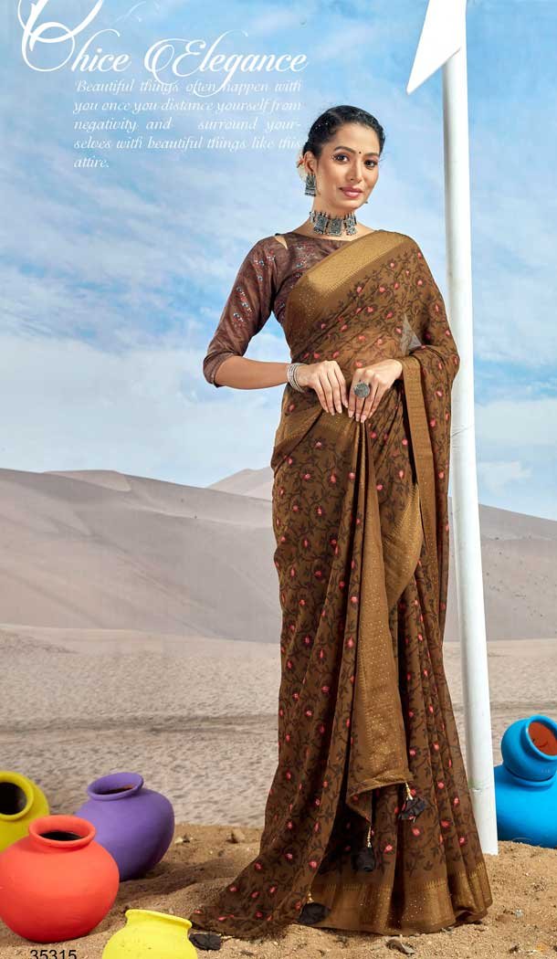 Brown Color Georgette Foil Print Work Casual Party Wear Saree -5064159568