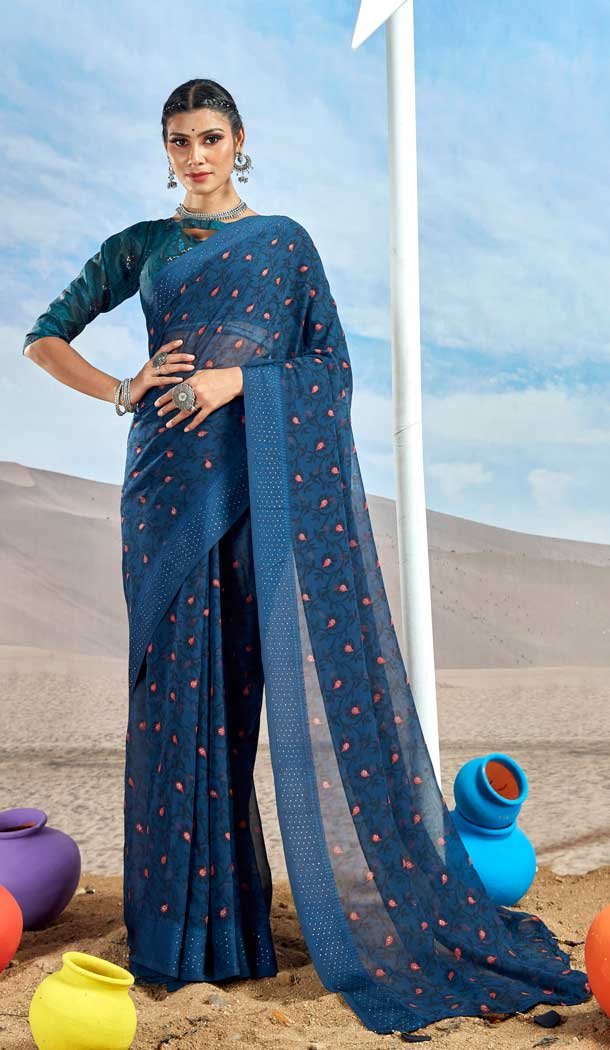 Navy Blue Color Georgette Foil Print Work Casual Party Wear Saree -5064159570